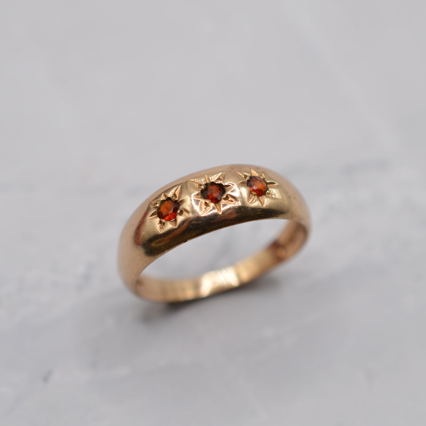 1980s 9ct Gold Garnet Trilogy Gypsy Ring