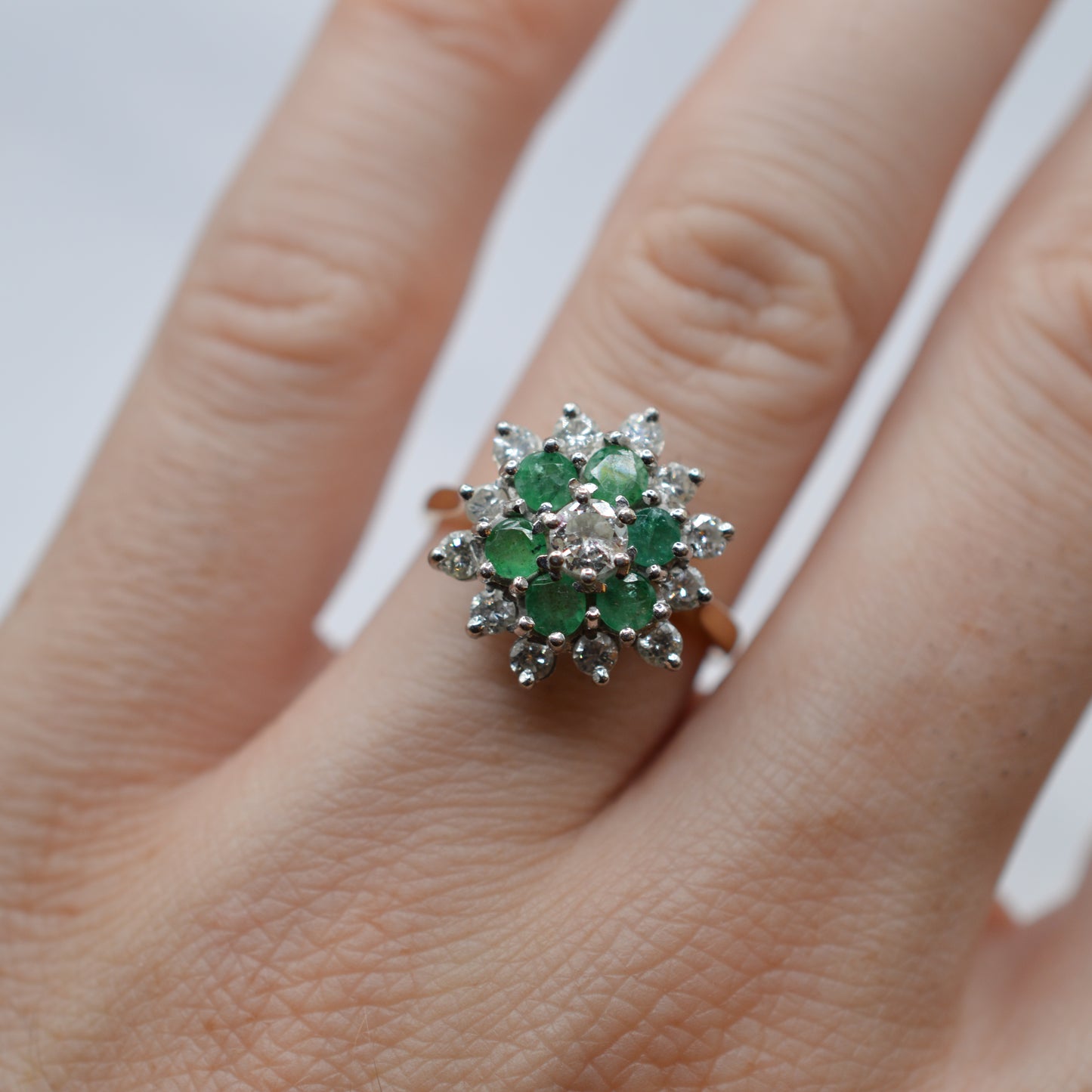 1990s 18ct Gold Emerald & Diamond Double Cluster Ring