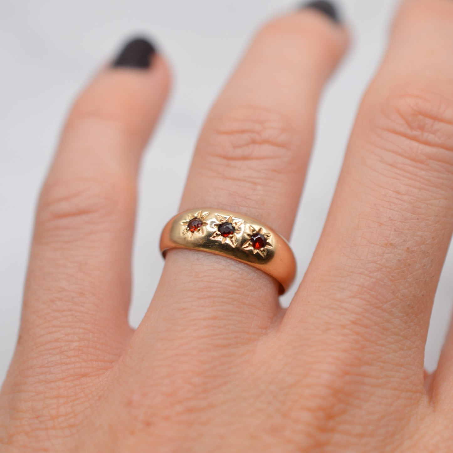 1980s 9ct Gold Garnet Trilogy Gypsy Ring