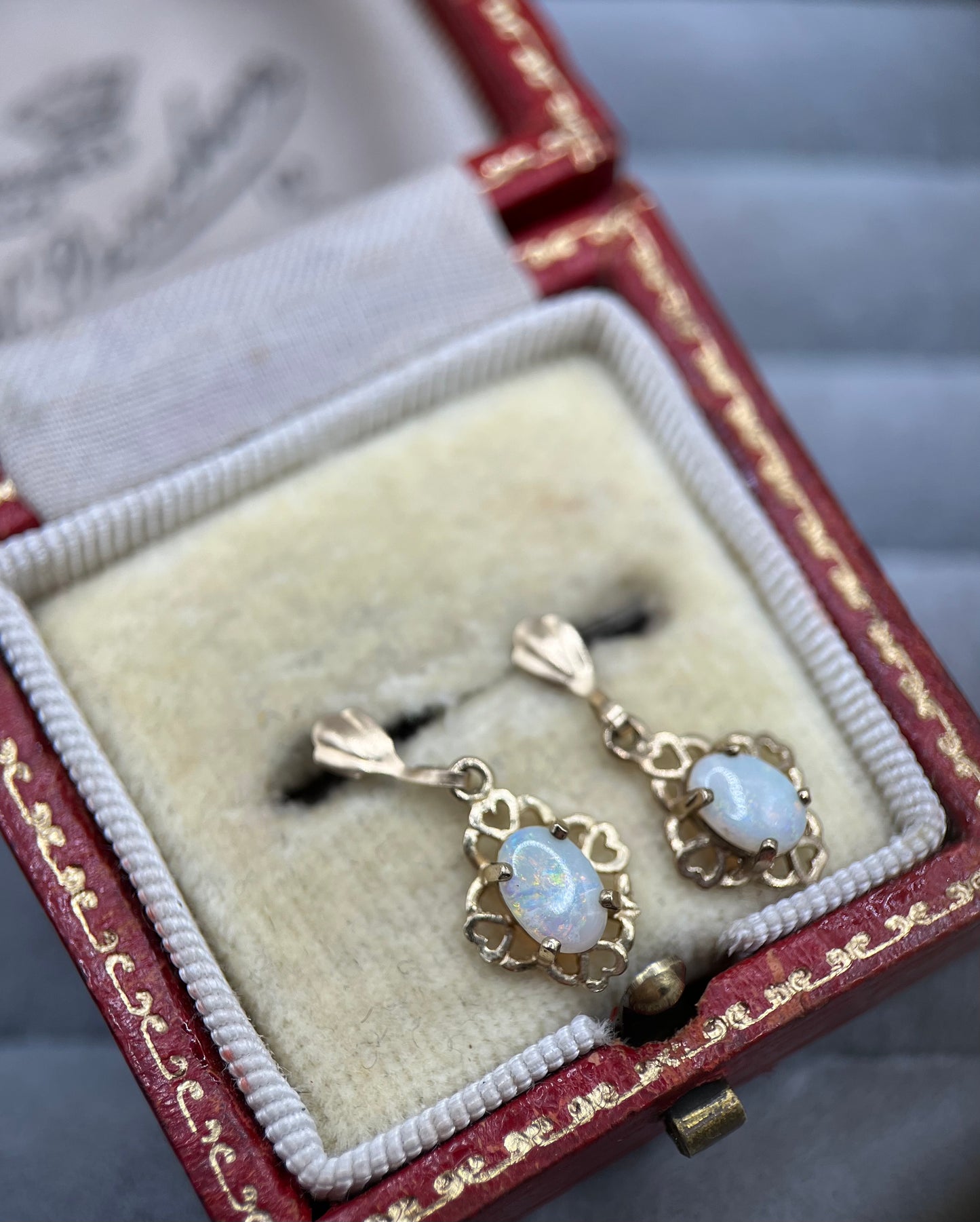 Vintage 9ct Gold Opal Drop Earrings with Heart Piercings