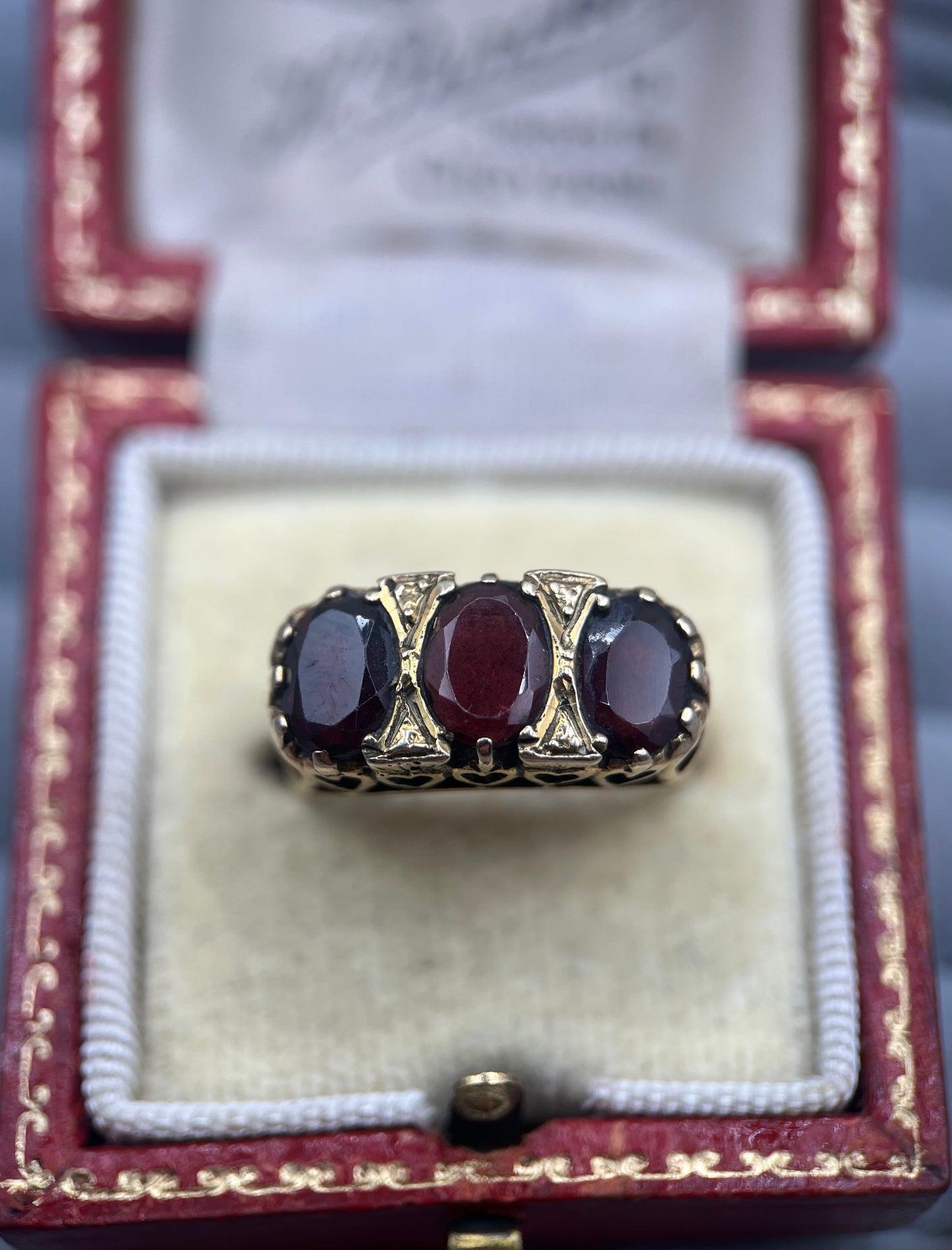 Chunky 1970s Vintage 9ct Gold Garnet Trilogy Ring