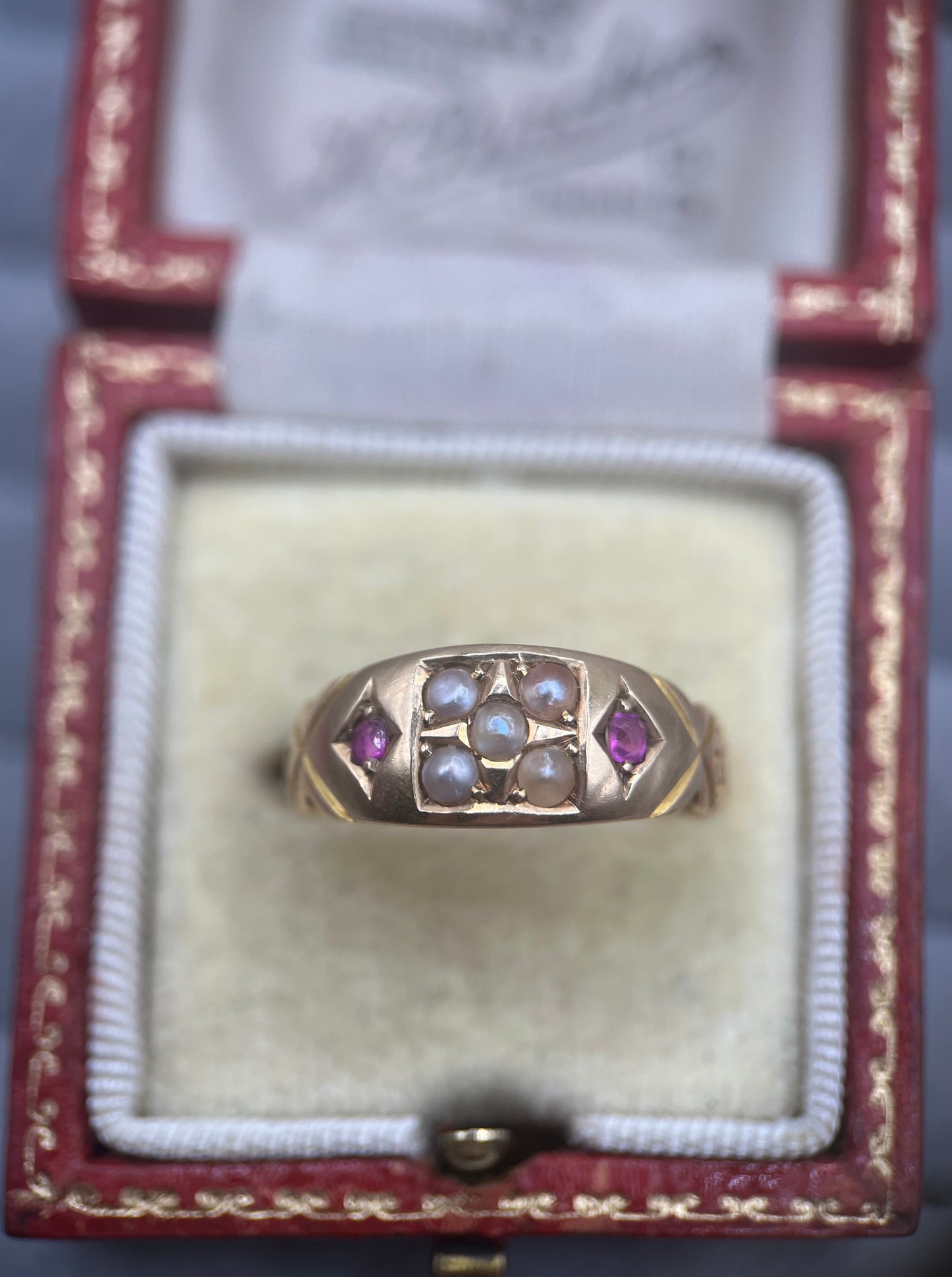 Antique Victorian 15ct Gold Ruby & Pearl Gypsy Ring