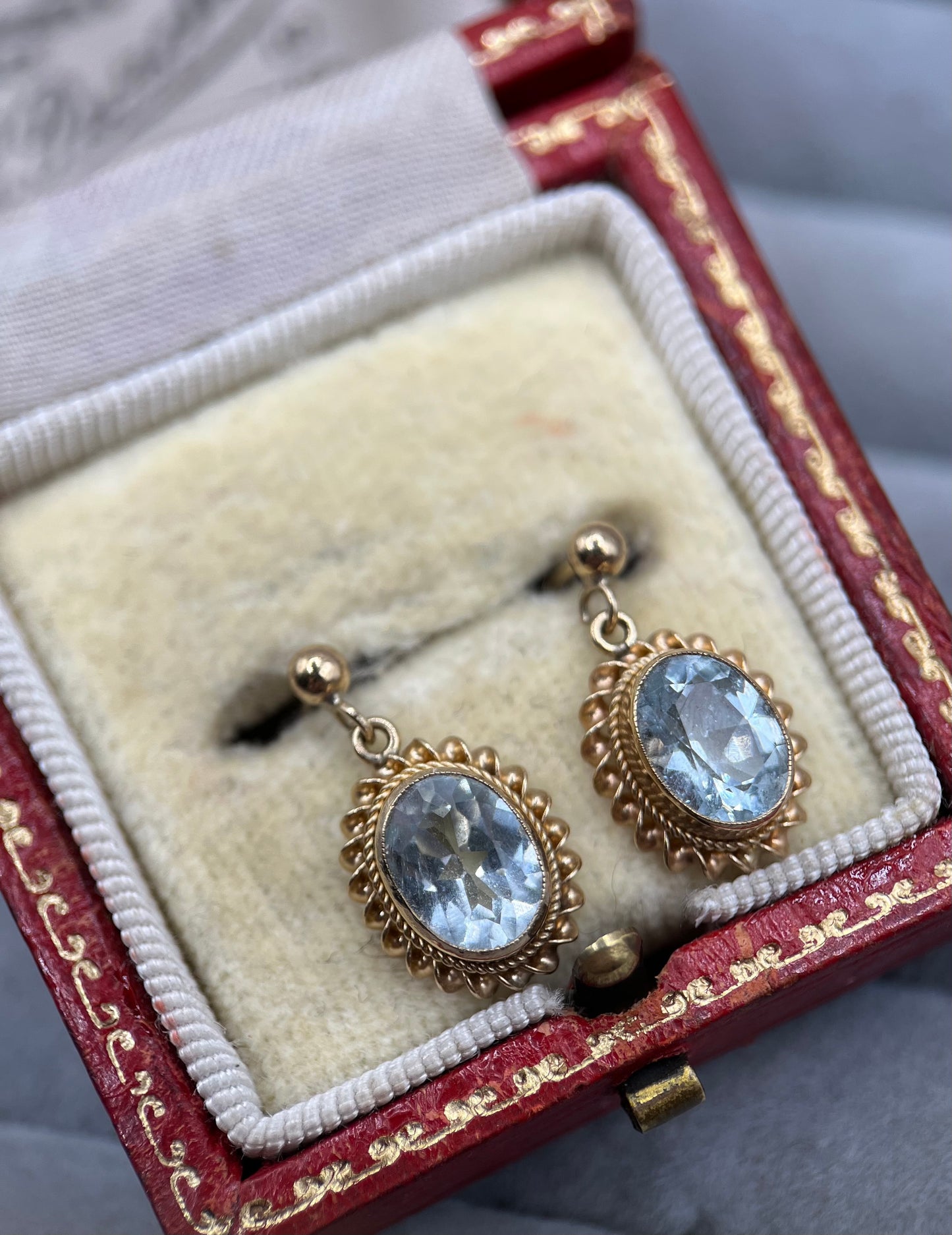 1990s Vintage 9ct Gold Aquamarine Drop Earrings with Rope-Twist Border