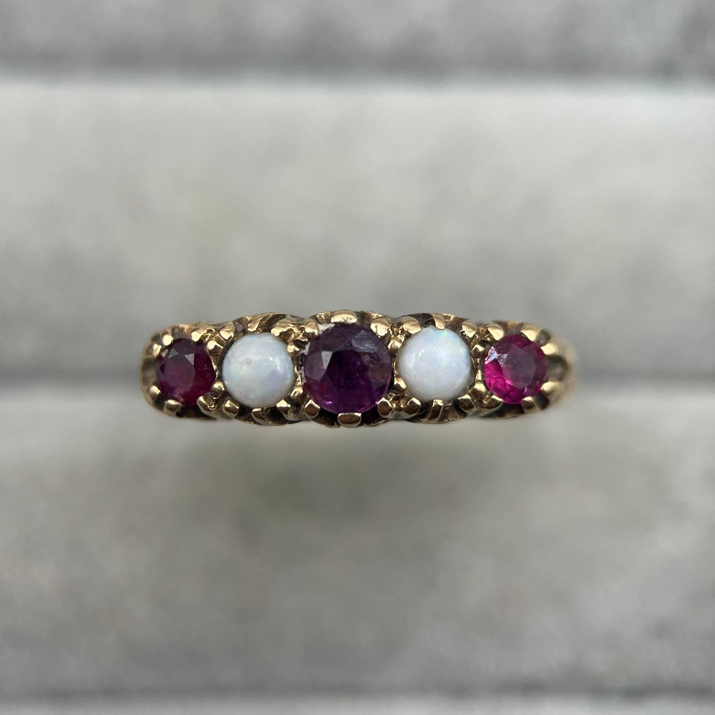1970s Vintage 9ct Gold Opal & Ruby Five-Stone Ring