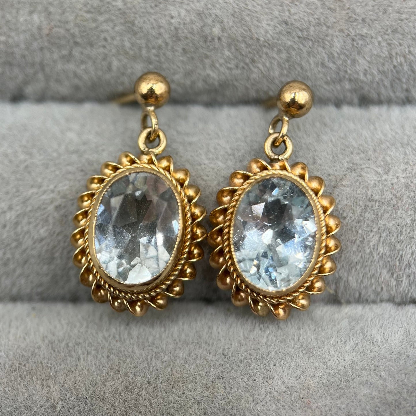 1990s Vintage 9ct Gold Aquamarine Drop Earrings with Rope-Twist Border