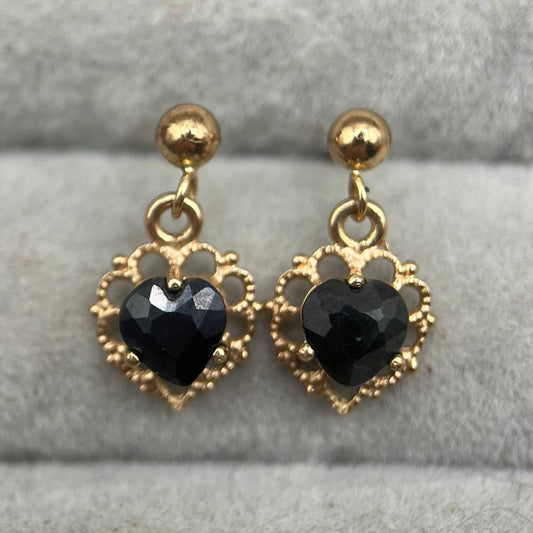 Vintage 9ct Gold Sapphire Heart Drop Earrings