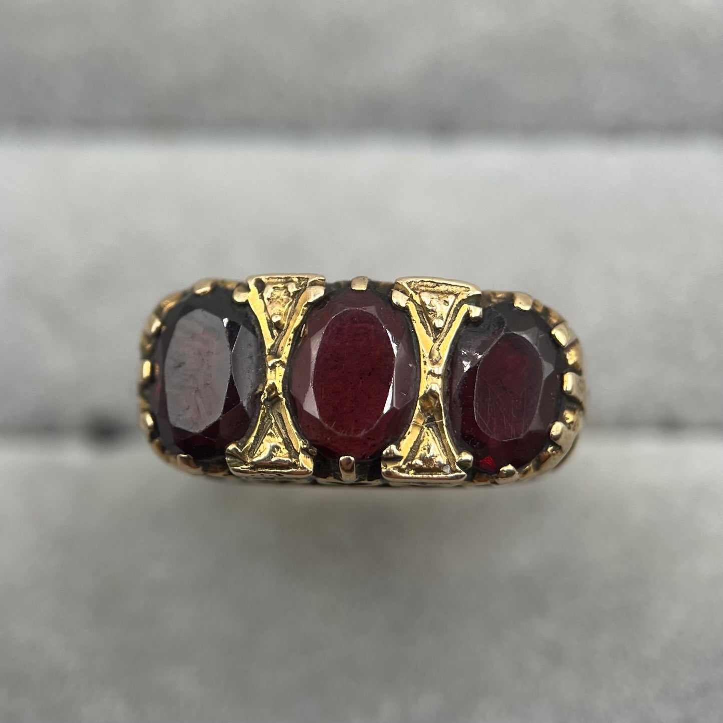 Chunky 1970s Vintage 9ct Gold Garnet Trilogy Ring