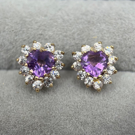9ct Gold Amethyst & C/Z Heart Stud Cluster Earrings