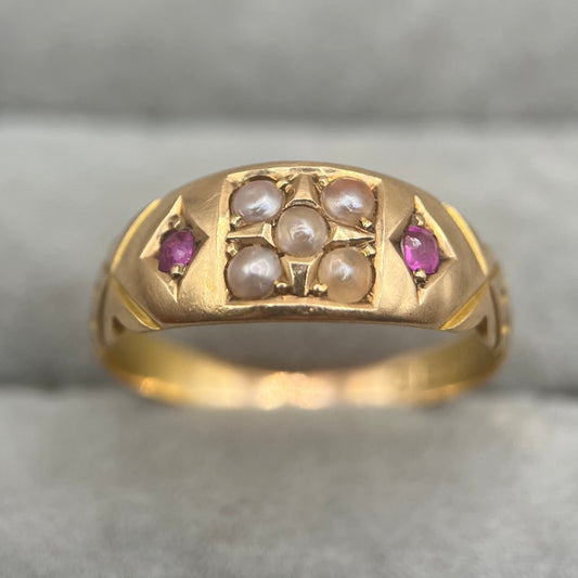 Antique Victorian 15ct Gold Ruby & Pearl Gypsy Ring