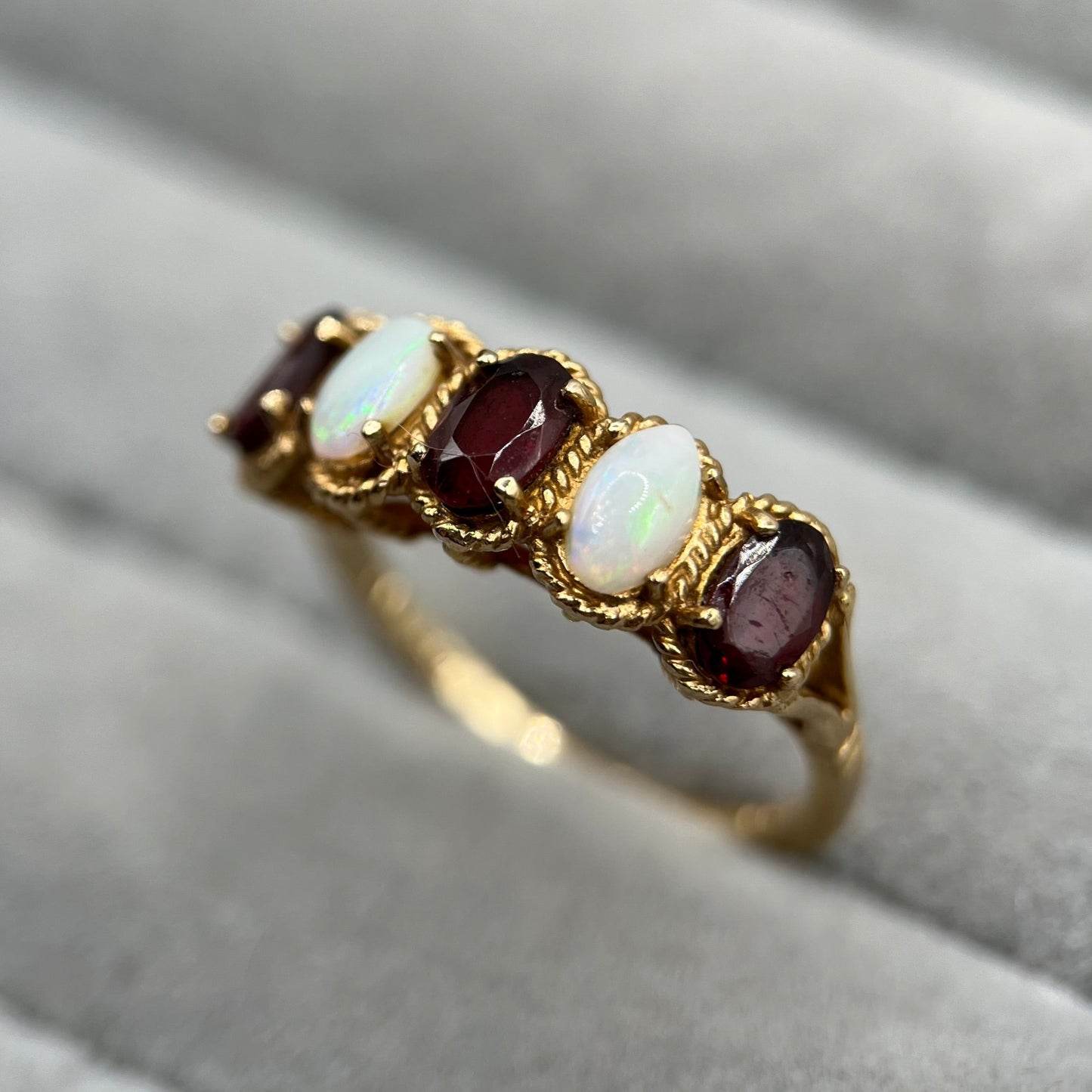 1970s Vintage 9ct Gold Opal & Garnet Five-Stone Ring