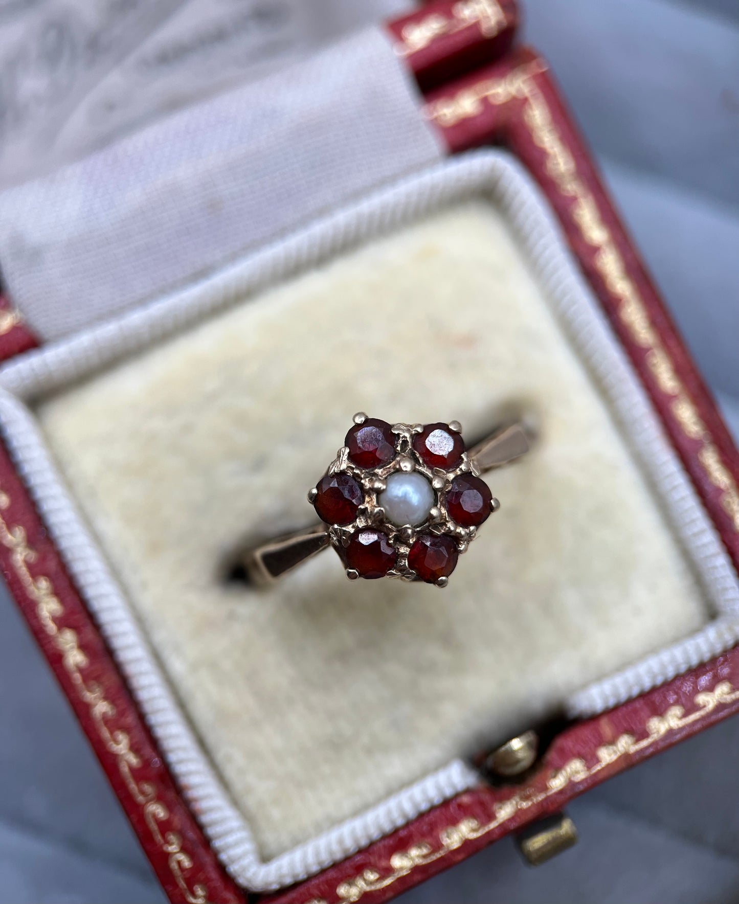 Vintage 9ct Gold Garnet & Pearl Floral Cluster Ring