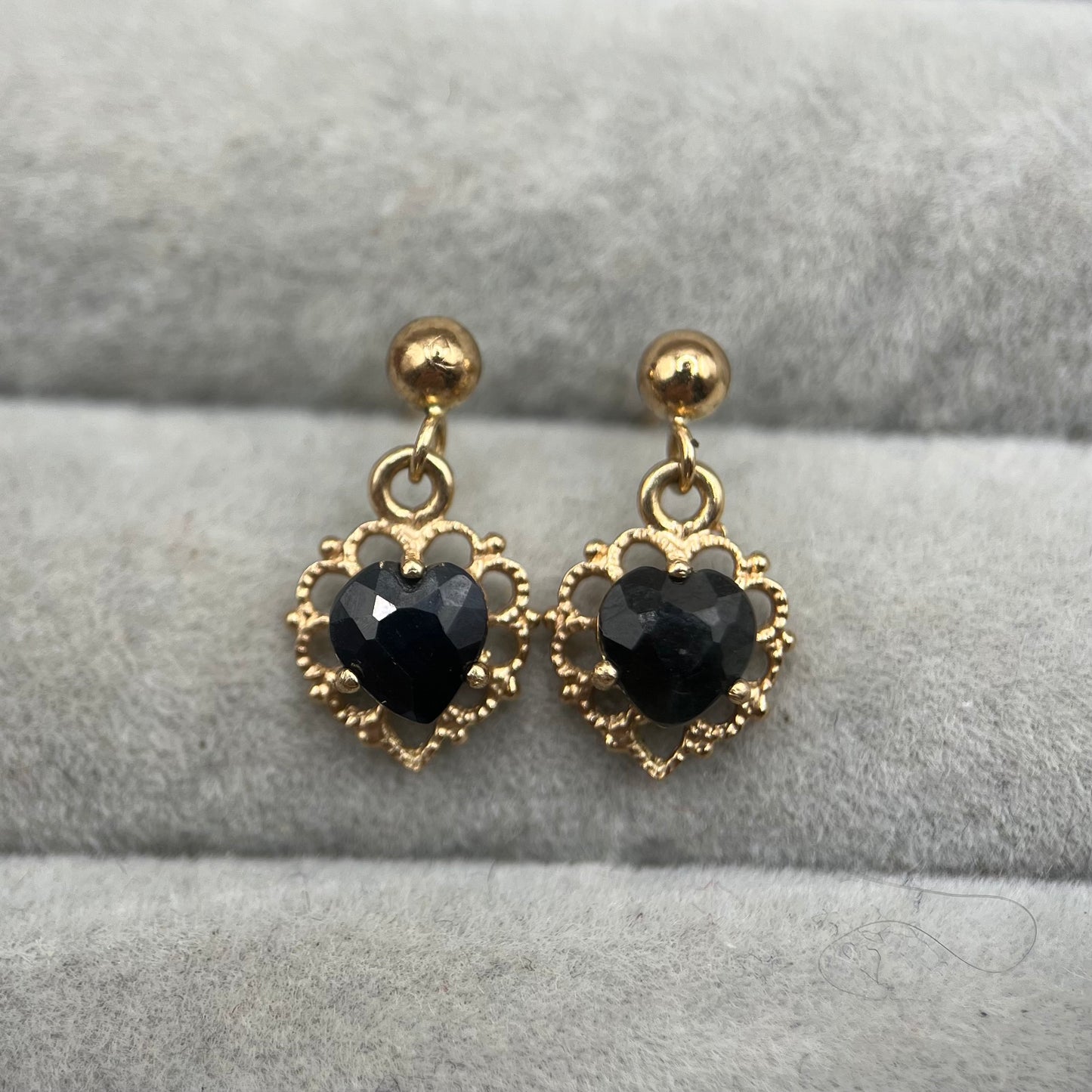 Vintage 9ct Gold Sapphire Heart Drop Earrings