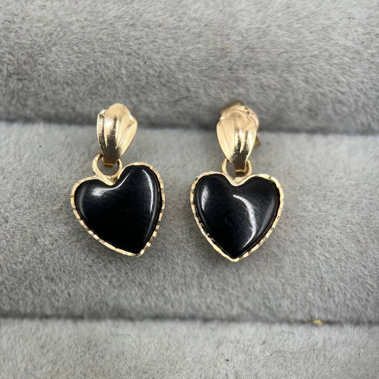 Vintage 9ct Gold Onyx Heart Drop Earrings