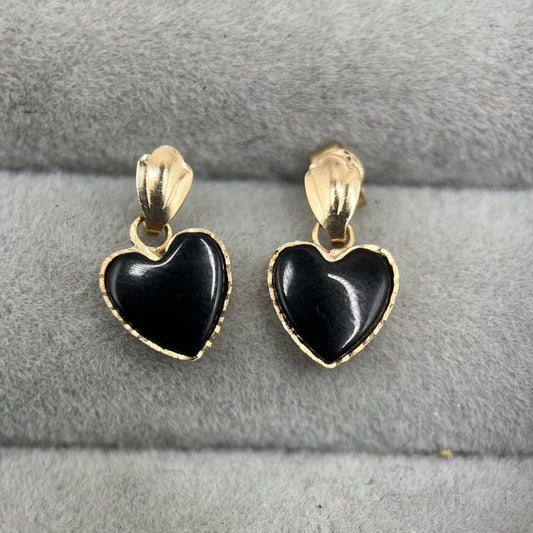 Vintage 9ct Gold Onyx Heart Drop Earrings