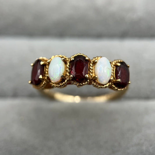 1970s Vintage 9ct Gold Opal & Garnet Five-Stone Ring