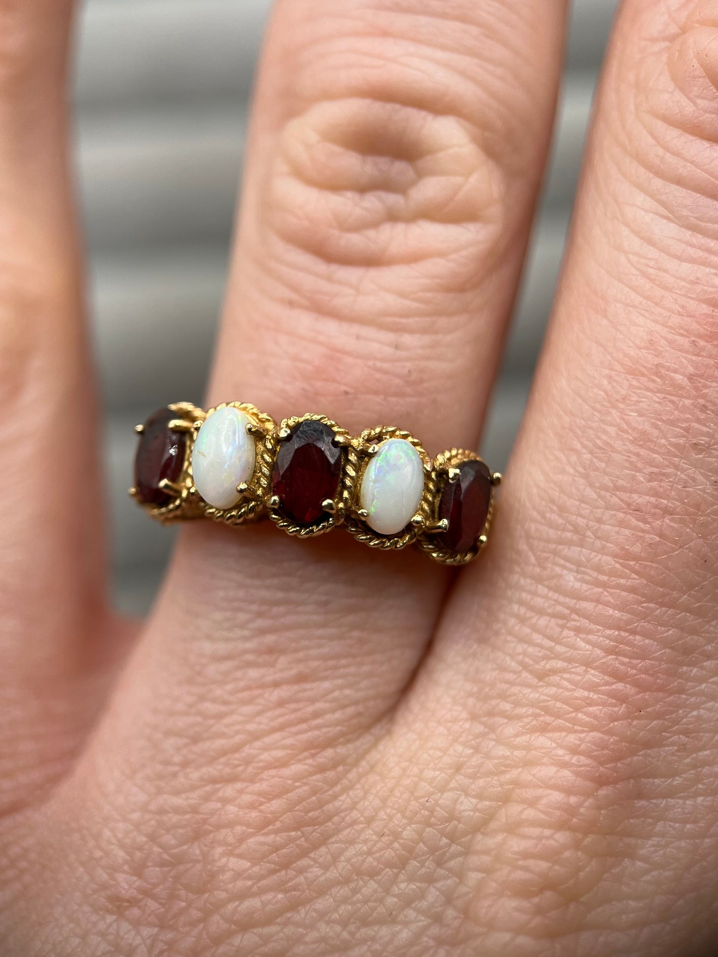 1970s Vintage 9ct Gold Opal & Garnet Five-Stone Ring