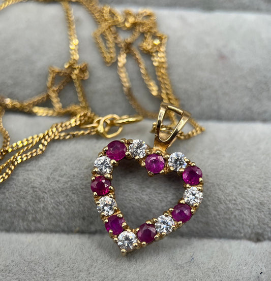 Vintage 9ct Gold Ruby & CZ Heart Pendant Necklace
