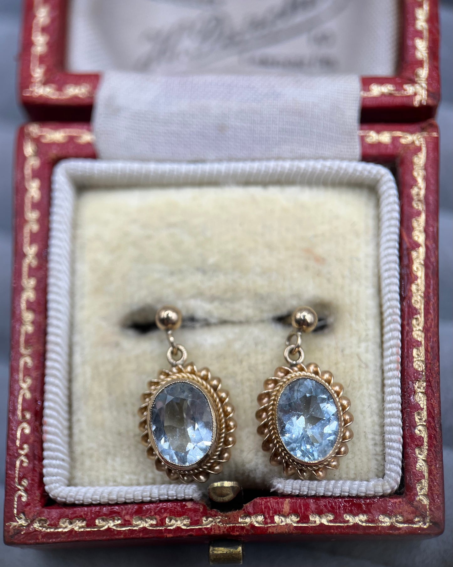 1990s Vintage 9ct Gold Aquamarine Drop Earrings with Rope-Twist Border