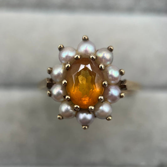 1960s Vintage 9ct Gold Amber and Pearl Cluster Ring