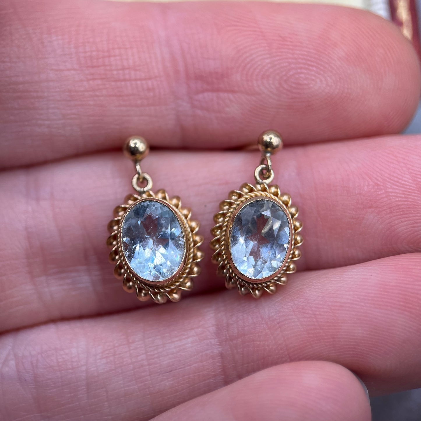 1990s Vintage 9ct Gold Aquamarine Drop Earrings with Rope-Twist Border