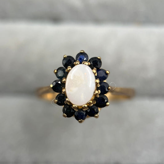 1980s Vintage 9ct Gold Opal & Sapphire Cluster Ring