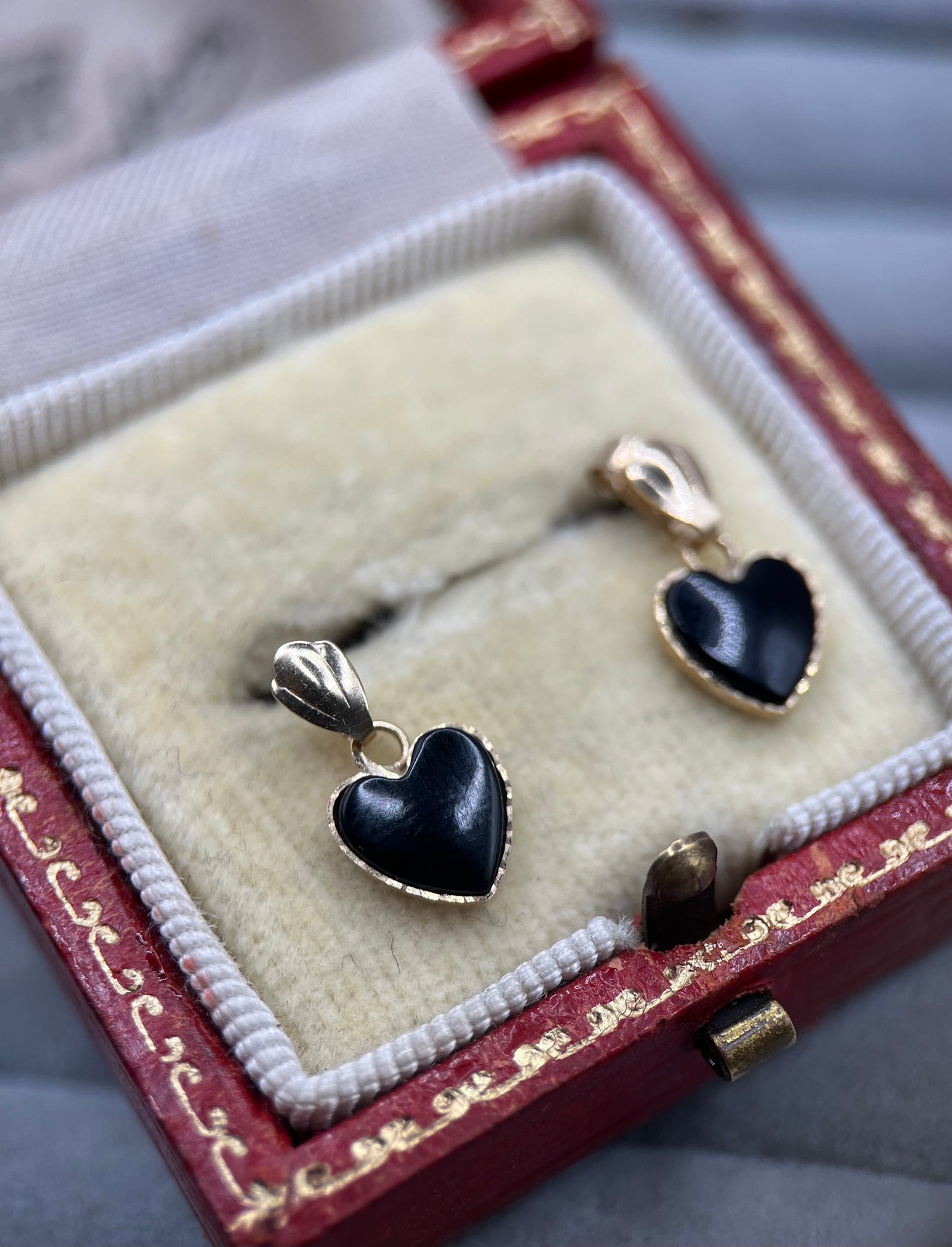 Vintage 9ct Gold Onyx Heart Drop Earrings