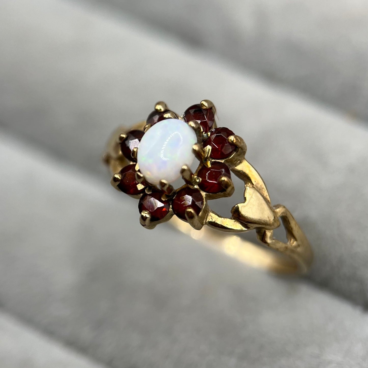 1970s Vintage 9ct Gold Opal & Garnet Cluster Ring