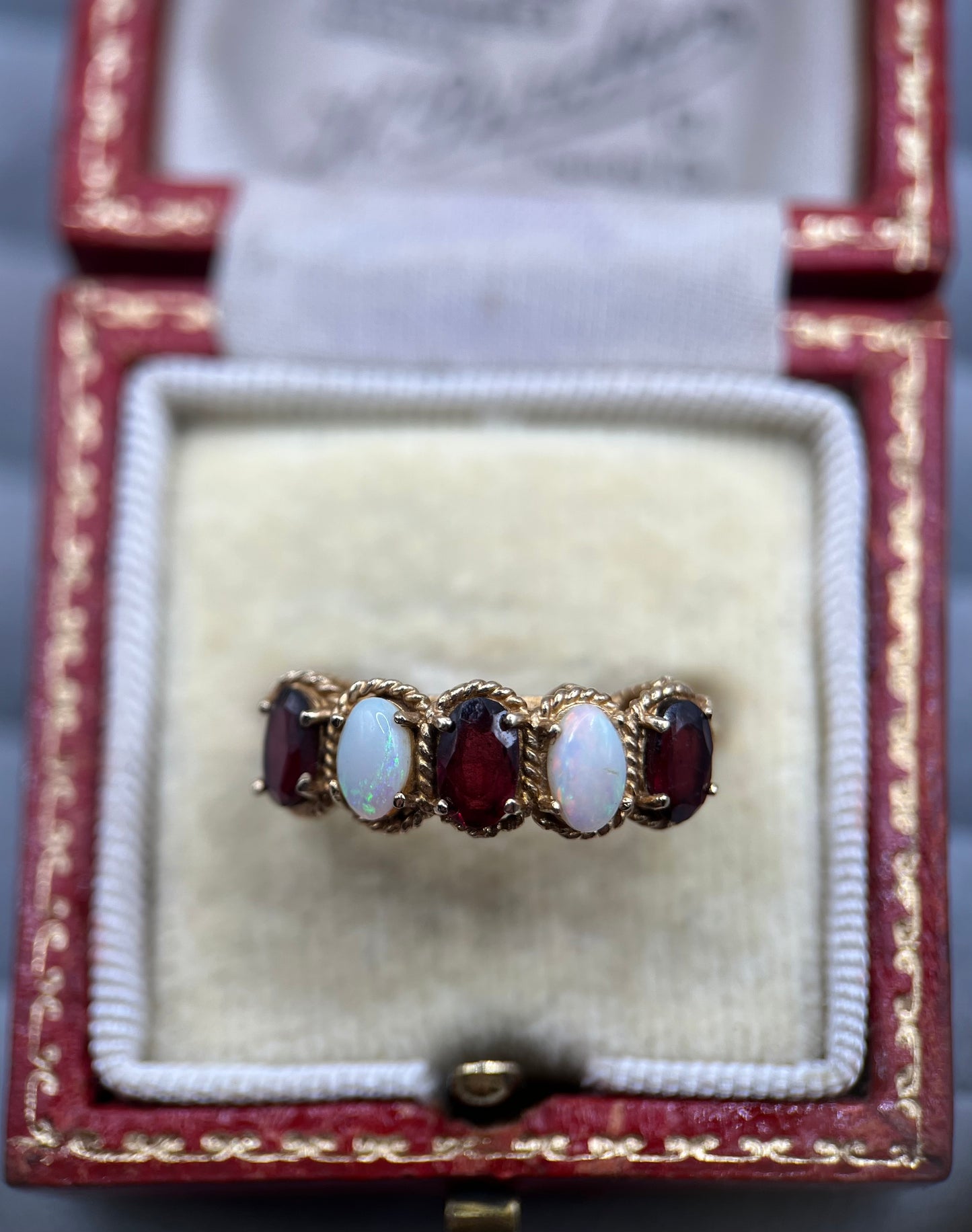 1970s Vintage 9ct Gold Opal & Garnet Five-Stone Ring