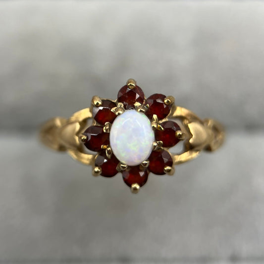 1970s Vintage 9ct Gold Opal & Garnet Cluster Ring
