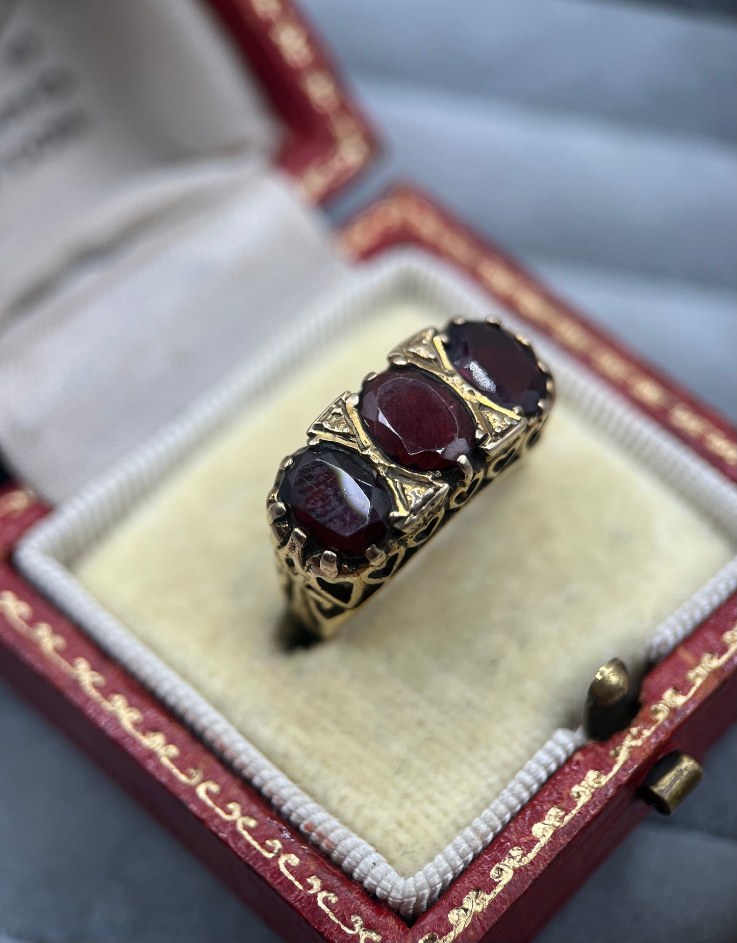 Chunky 1970s Vintage 9ct Gold Garnet Trilogy Ring
