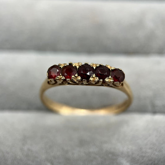 1980s Vintage 9ct Gold Garnet Five-Stone Ring