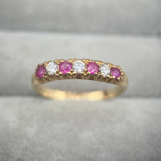 Vintage 9ct Gold Ruby & CZ Half-Eternity Ring