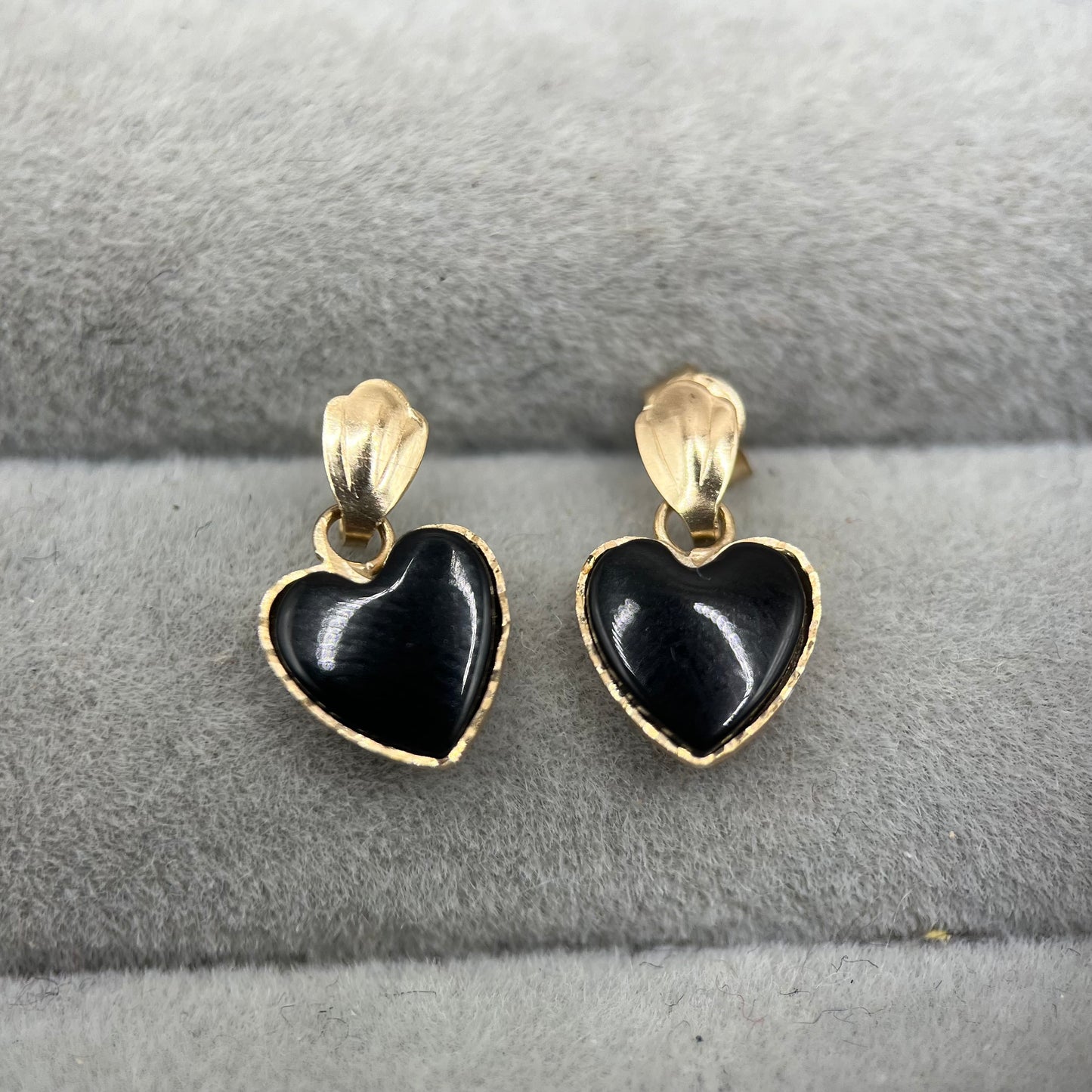 Vintage 9ct Gold Onyx Heart Drop Earrings