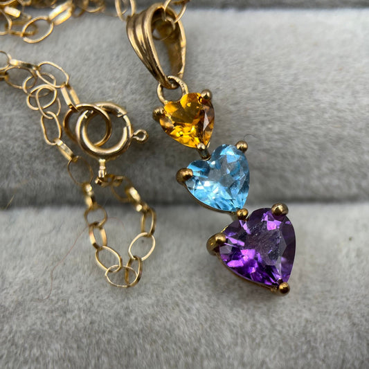 9ct Gold Heart Citrine, Topaz, and Amethyst Trilogy Pendant Necklace