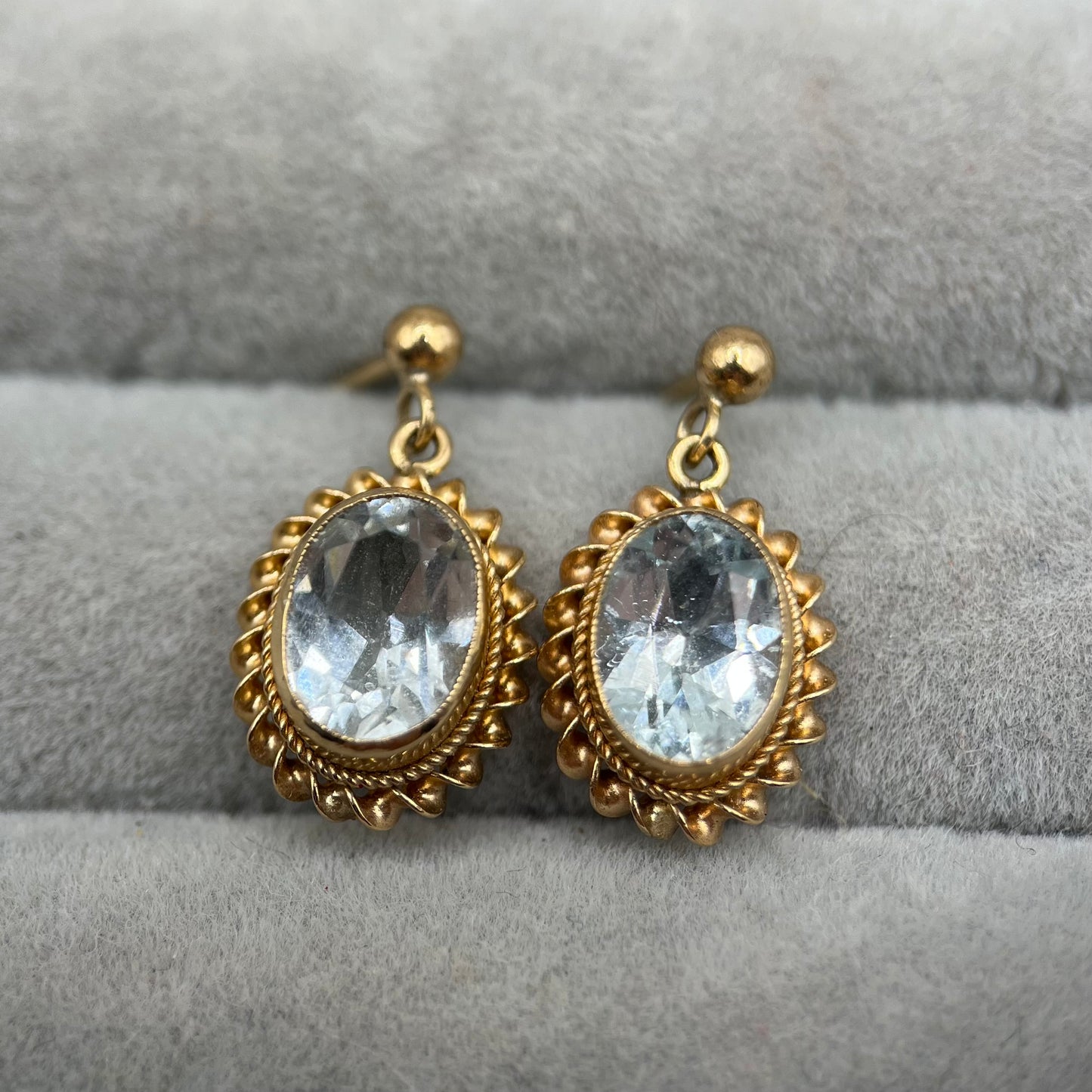 1990s Vintage 9ct Gold Aquamarine Drop Earrings with Rope-Twist Border