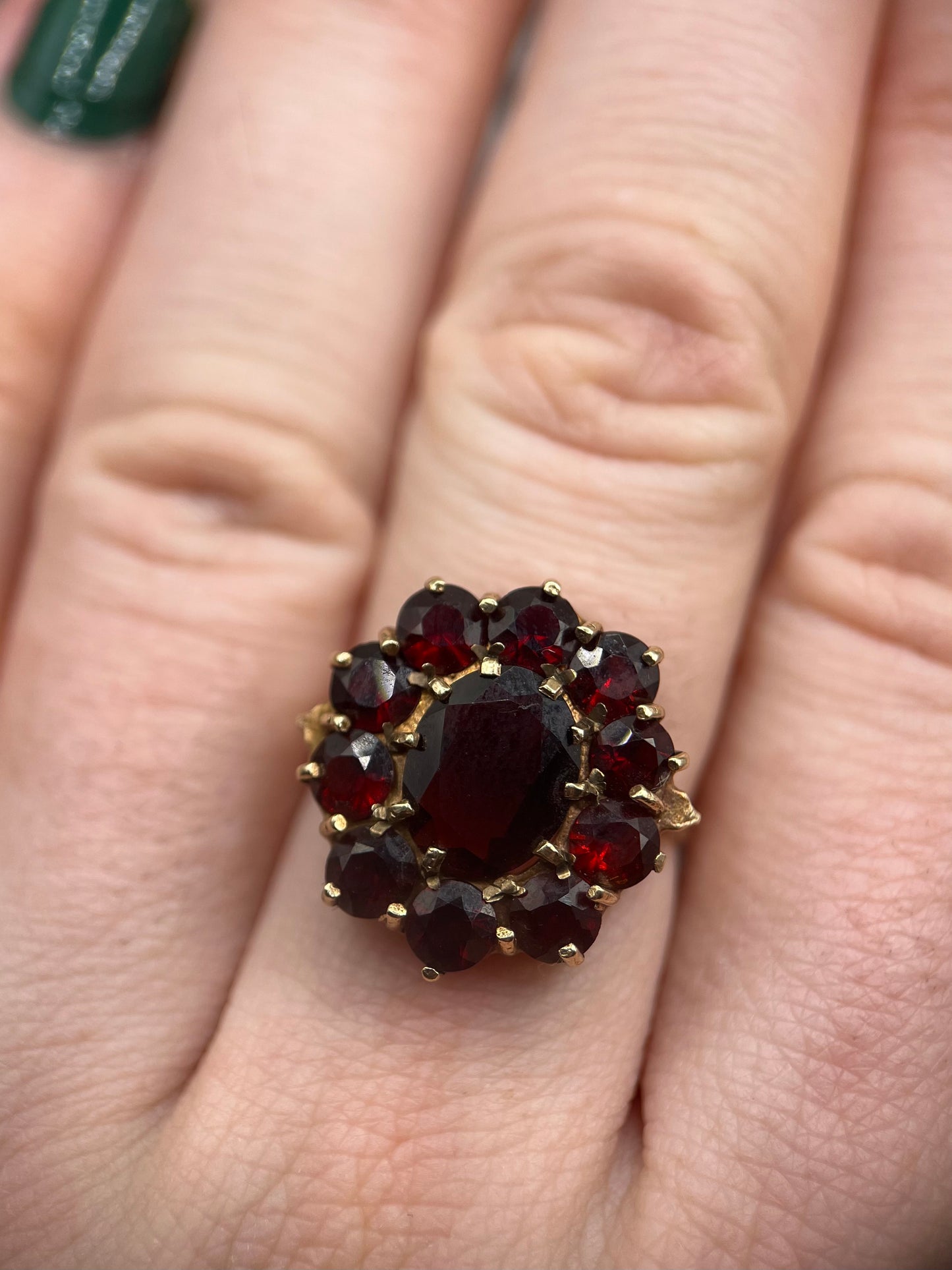 Chunky 1970s Vintage 9ct Gold Garnet Cluster Ring