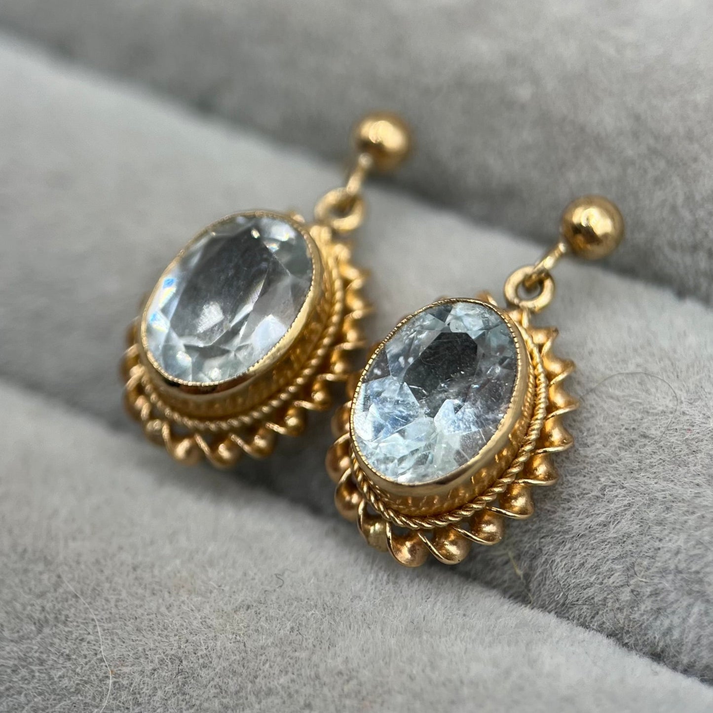 1990s Vintage 9ct Gold Aquamarine Drop Earrings with Rope-Twist Border