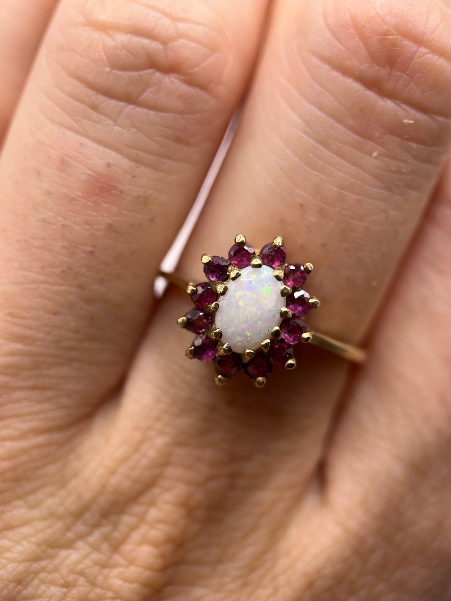 1970s Vintage 9ct Gold Opal & Ruby Cluster Ring