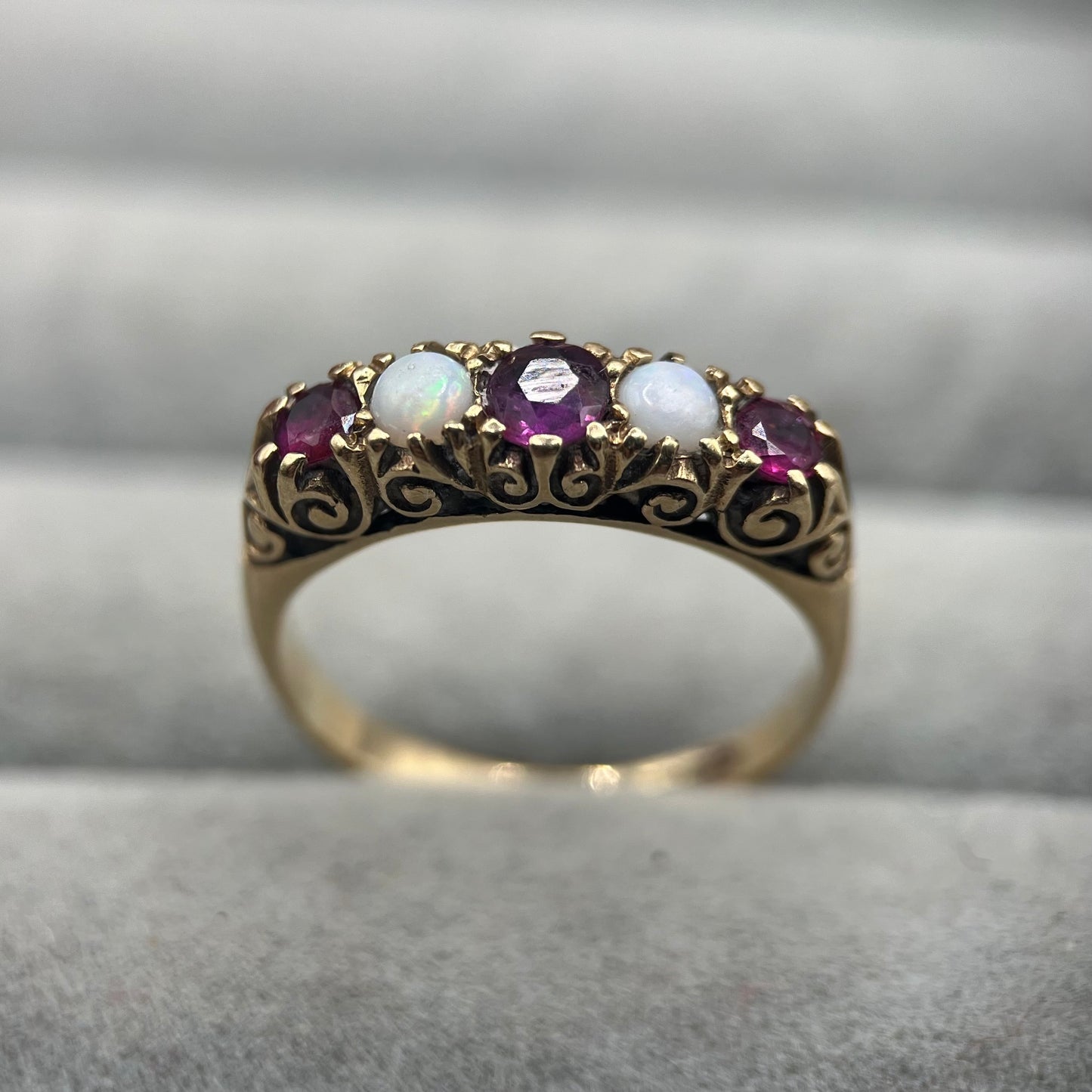 1970s Vintage 9ct Gold Opal & Ruby Five-Stone Ring
