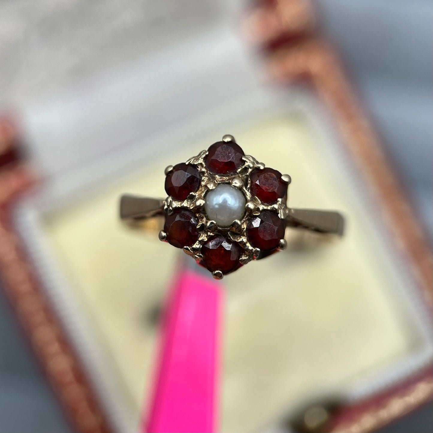 Vintage 9ct Gold Garnet & Pearl Floral Cluster Ring