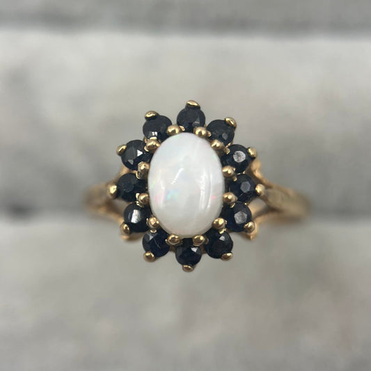 Vintage 9ct Gold Opal & Sapphire Cluster Ring