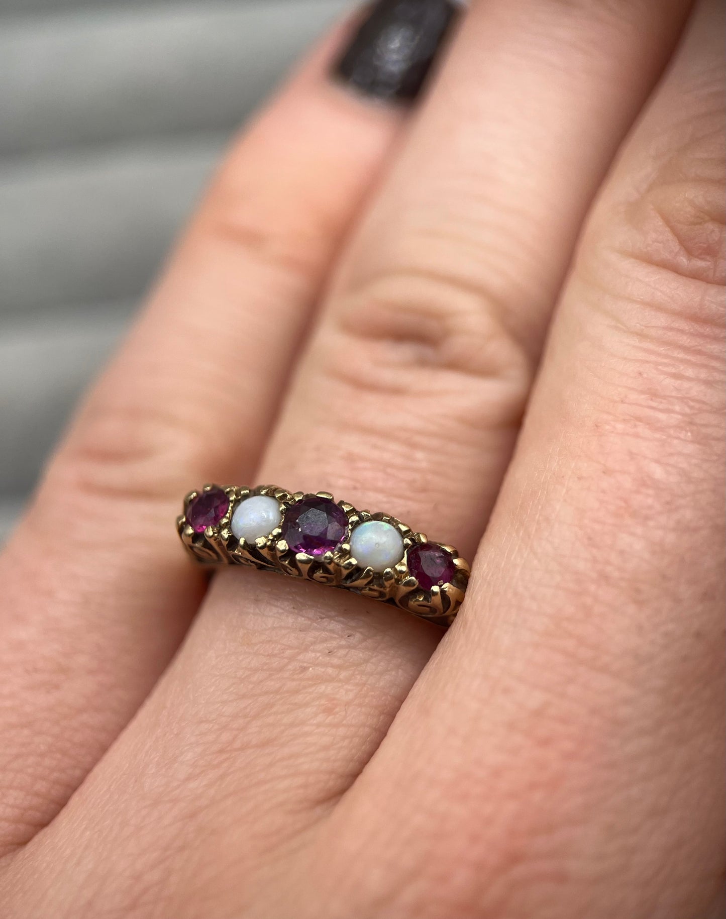 1970s Vintage 9ct Gold Opal & Ruby Five-Stone Ring