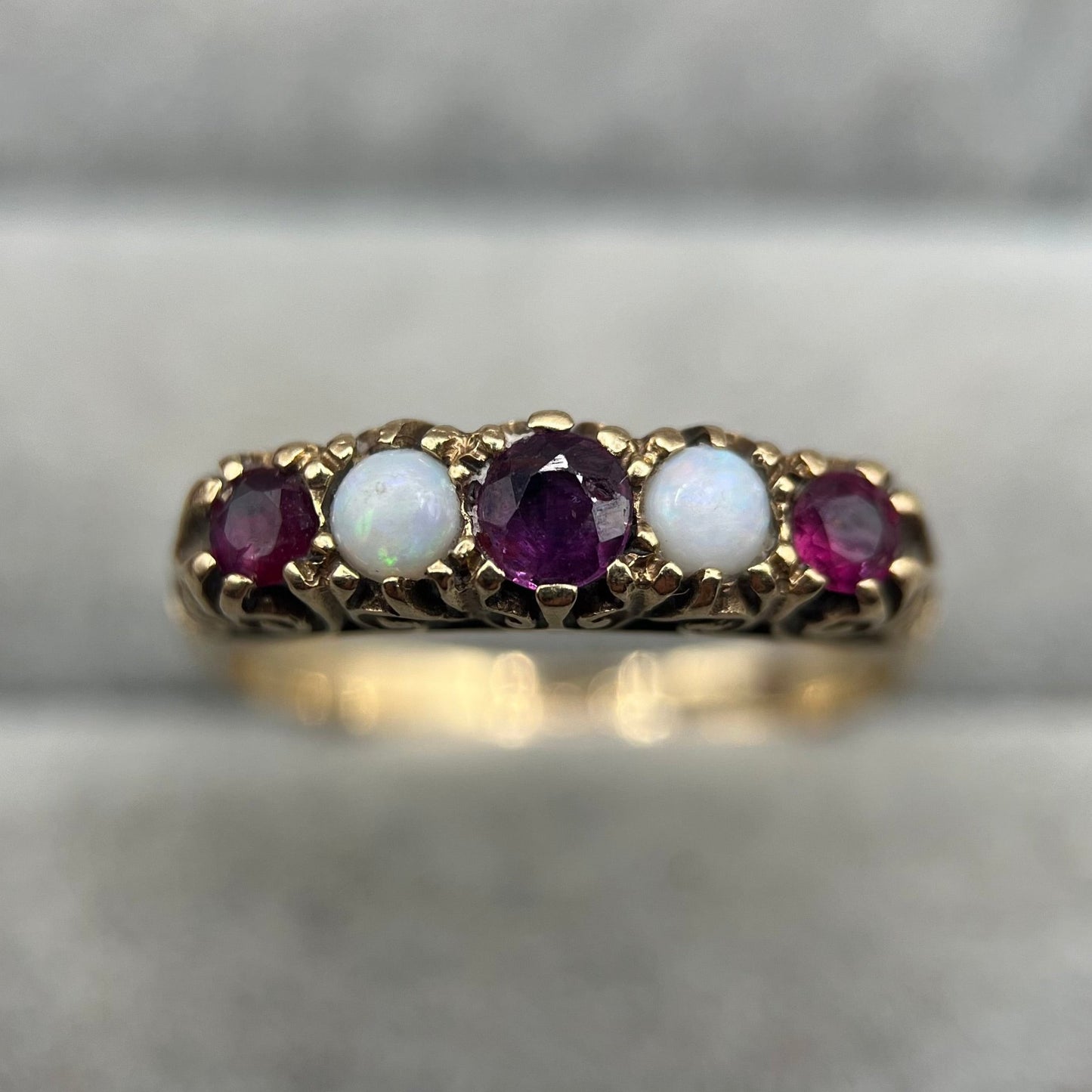 1970s Vintage 9ct Gold Opal & Ruby Five-Stone Ring