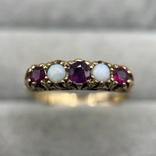 1970s Vintage 9ct Gold Opal & Ruby Five-Stone Ring