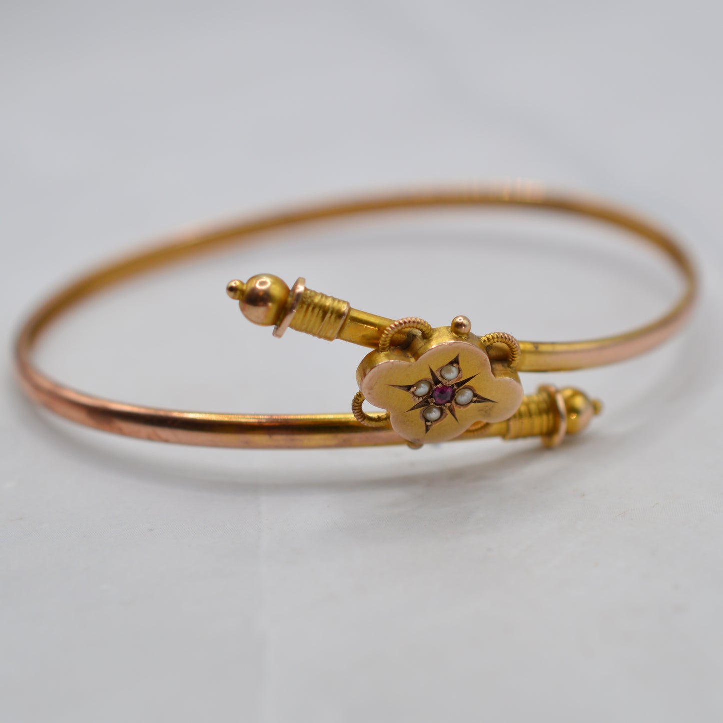 1894 Antique Victorian 9ct Gold Ruby & Pearl Bangle Bracelet