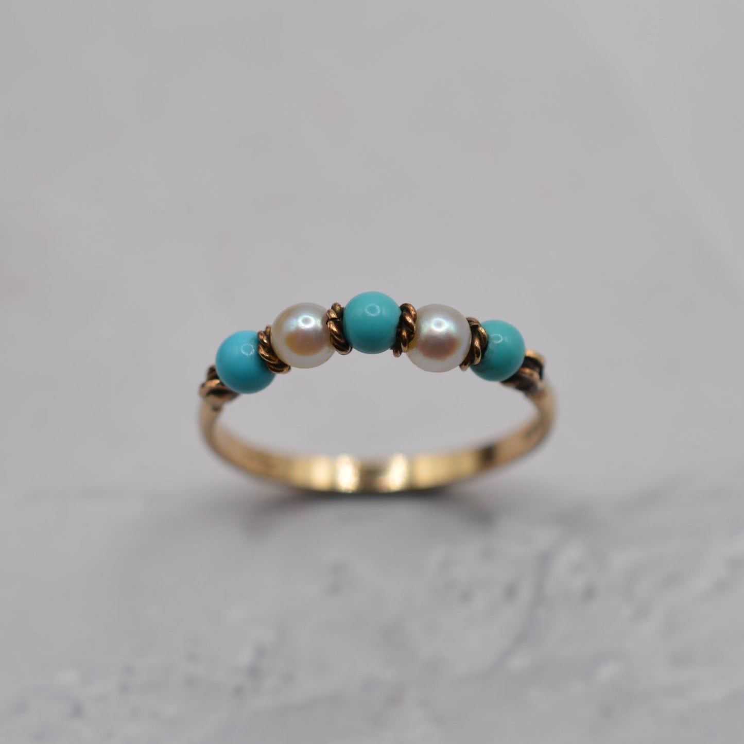 1980s 9ct Gold Turquoise & Pearl Five-Stone Ring