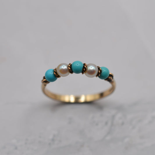 1980s 9ct Gold Turquoise & Pearl Five-Stone Ring
