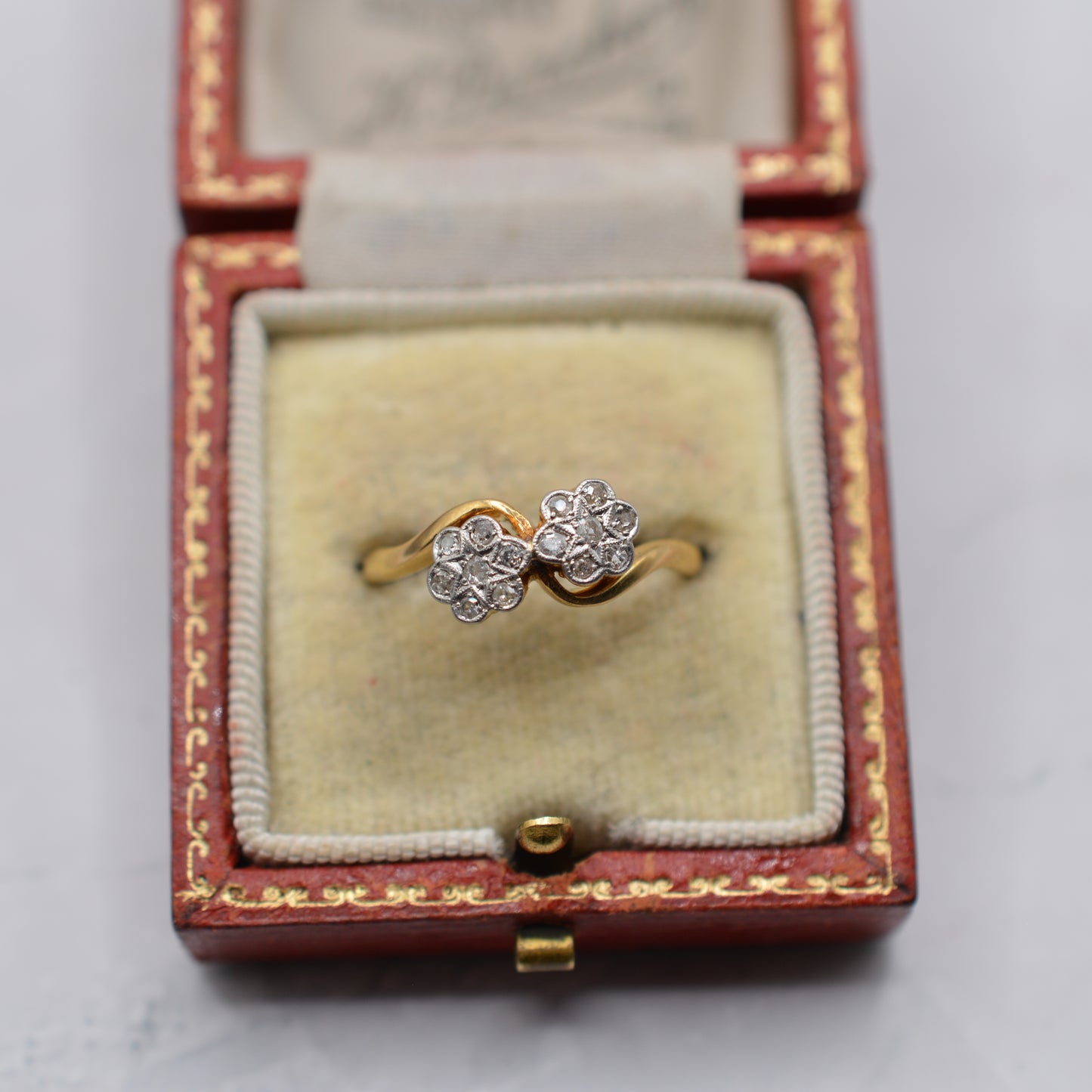 Antique Edwardian 18ct Gold & Platinum Double Diamond Cluster Ring