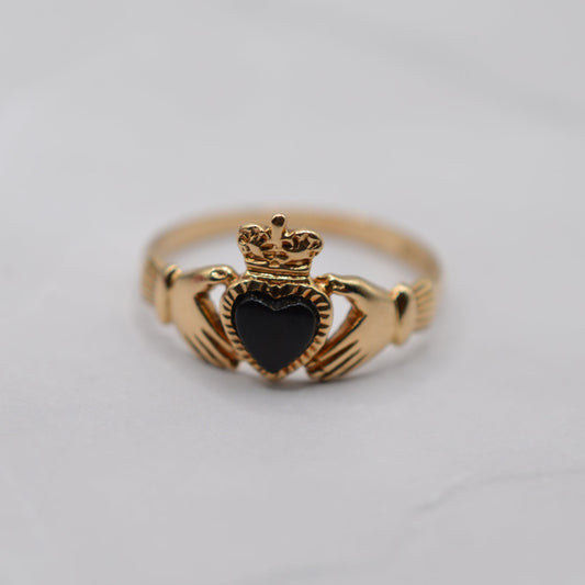 1990s Vintage 9ct Gold Onyx Heart Claddagh Ring