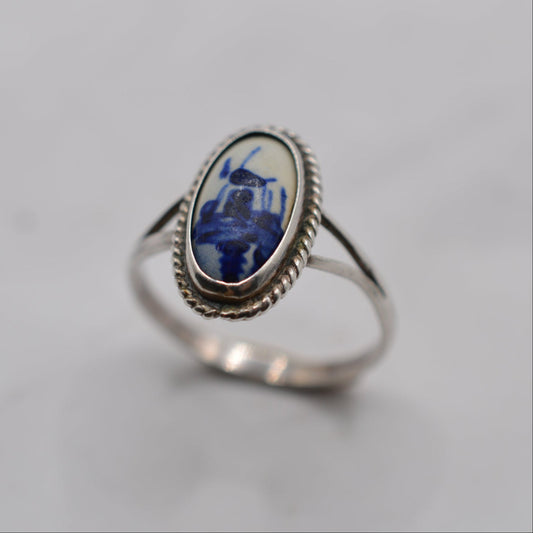 Vintage Delft Dutch Silver Blue & White Porcelain China Ring